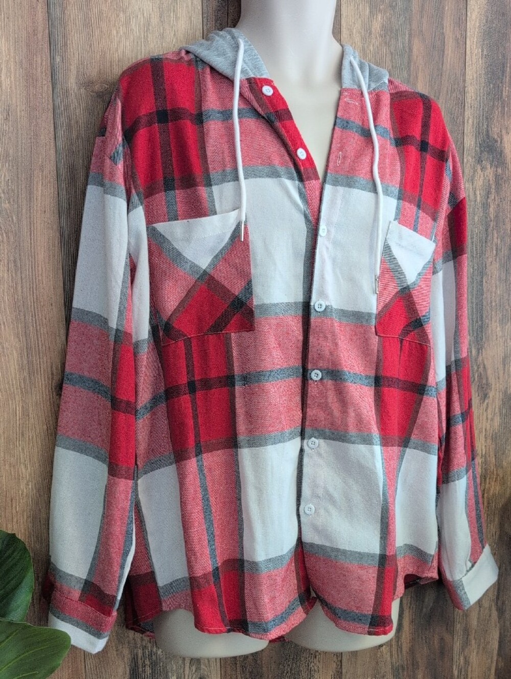 SHEIN Red White Gray Plaid Hooded Button-Down Shirt L Q321
